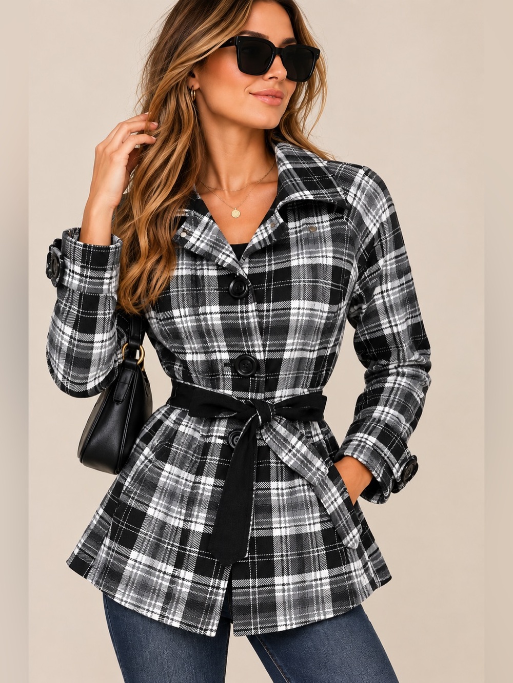Self Esteem Plaid Belted Trench Coat Jacket Black White Size S
